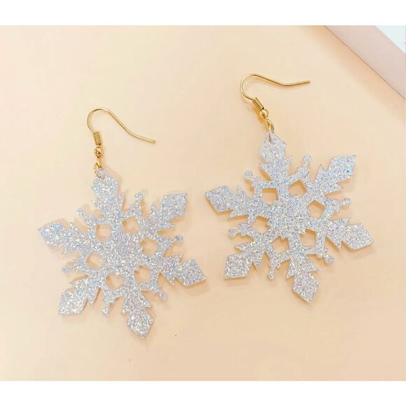 NWT Christmas Winter Wonderland LG Silver Glitter Snowflake Earrings - Picture 6 of 6